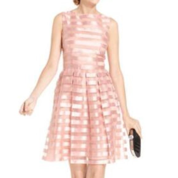 NWT London Times Modcloth Rose Gold Pink Retro Organza Stripe A Line Dress - Picture 1 of 8